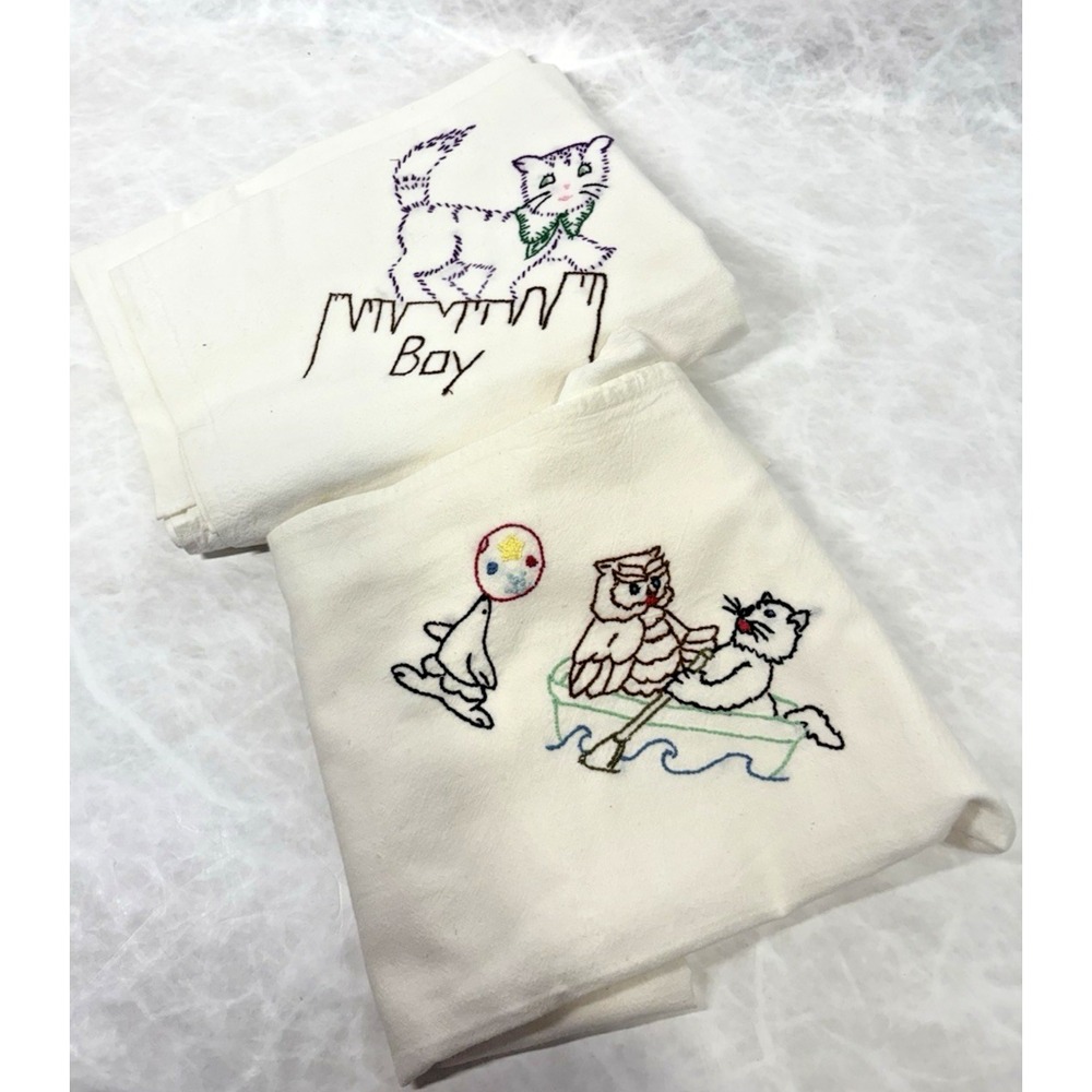 Lot of 2 Vintage Hand Embroidered‎ Linens – Cats Animals Nursery Decor – 34"x35"